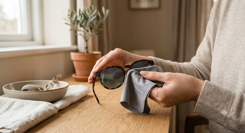 Nettoyage délicat d'une paire de lunettes de soleil avec un chiffon microfibre