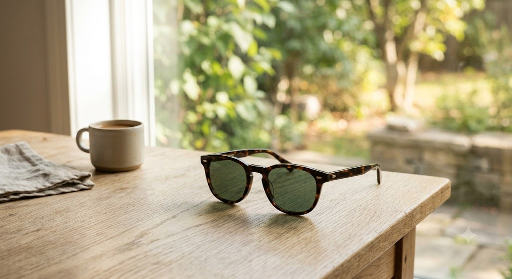 Lunettes de soleil au design intemporel posées sur une table en bois près d'une fenêtre