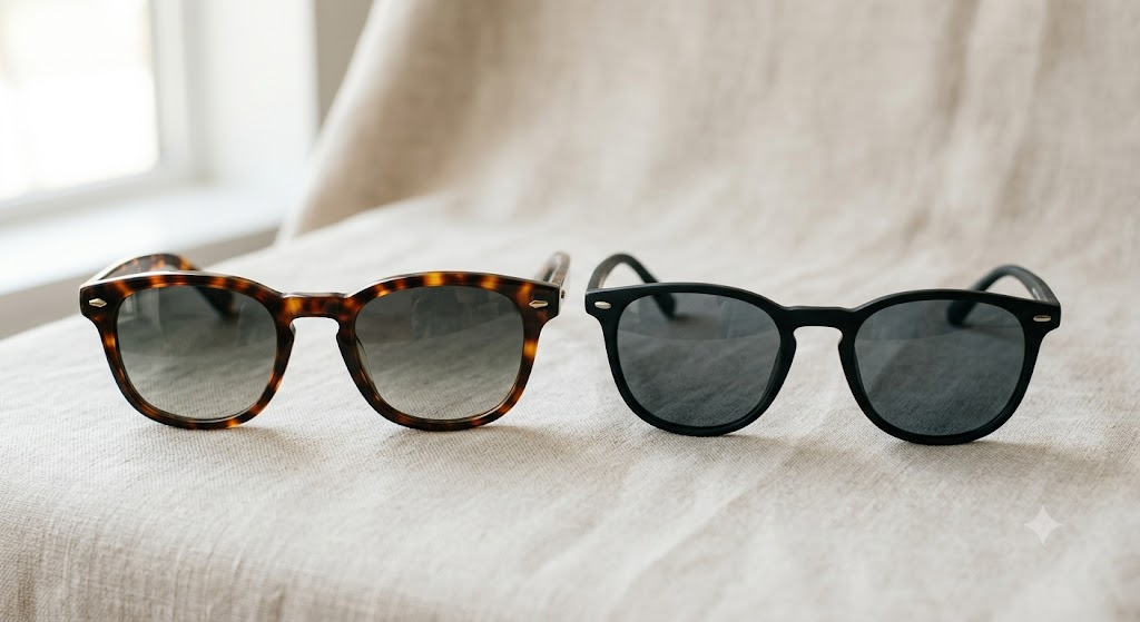 Deux paires de lunettes de soleil élégantes posées côte à côte sur un fond neutre