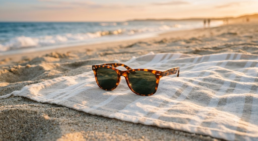 Lunettes de soleil posées sur une serviette de plage sous une lumière dorée d'été